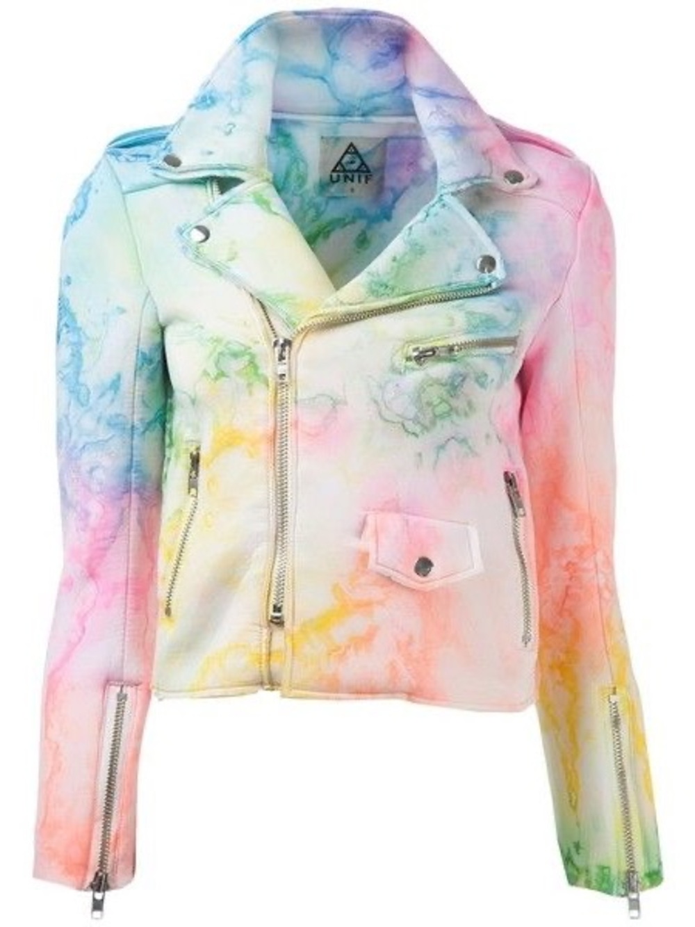 UNIF Pastel Tie-Dye Leather Moto Jacket in Pink, Blue, Yellow, Green